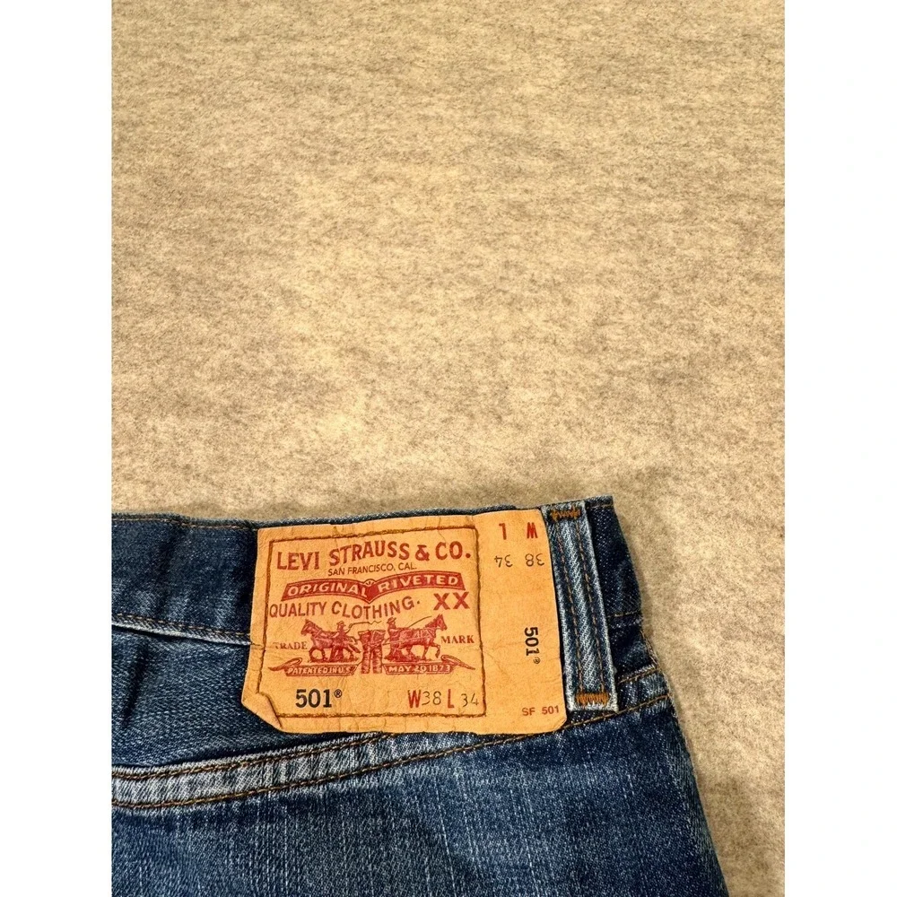 Levis 501 Original Jeans Mens 38x34 Blue Distressed Denim Cotton Straight Leg
